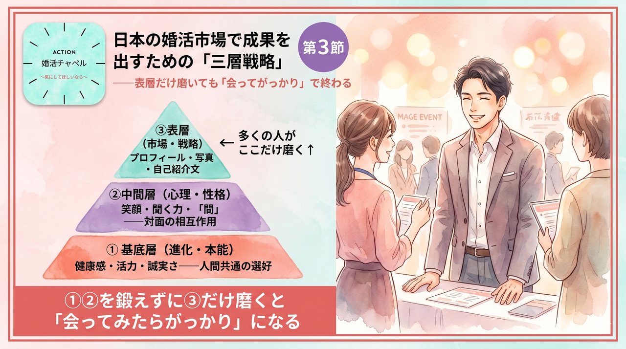 日本の婚活市場で成果を出すための三層戦略 インフォグラフィック