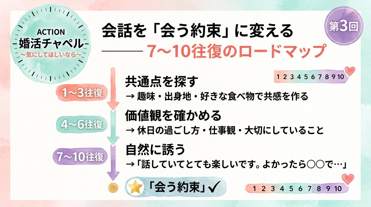 会う約束までのメッセージロードマップ インフォグラフィック