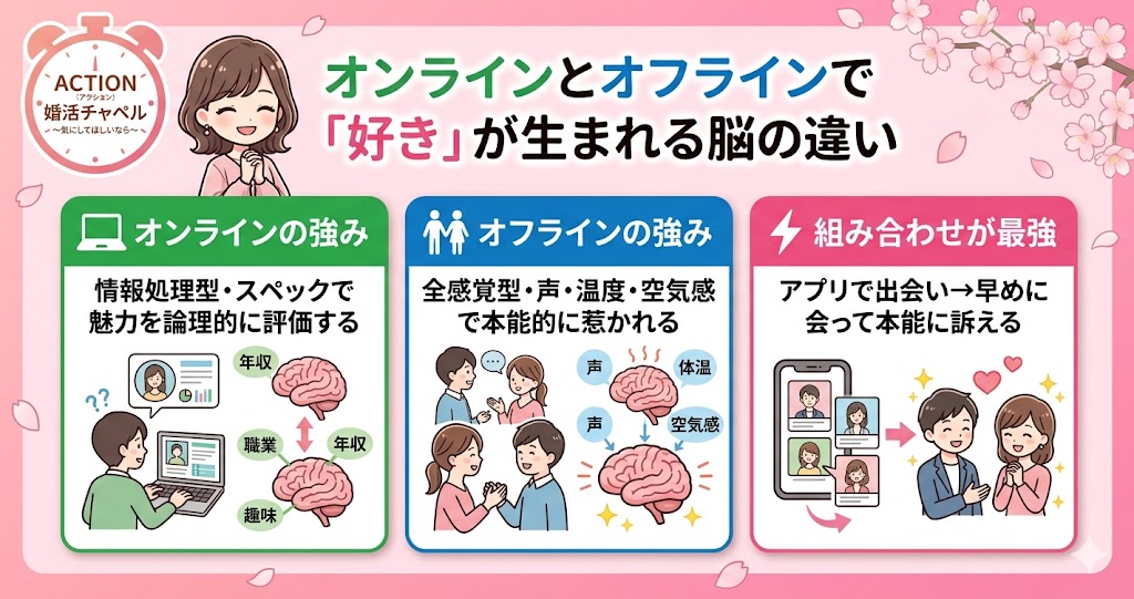オンラインとオフラインで好きが生まれる脳の違いインフォグラフィック