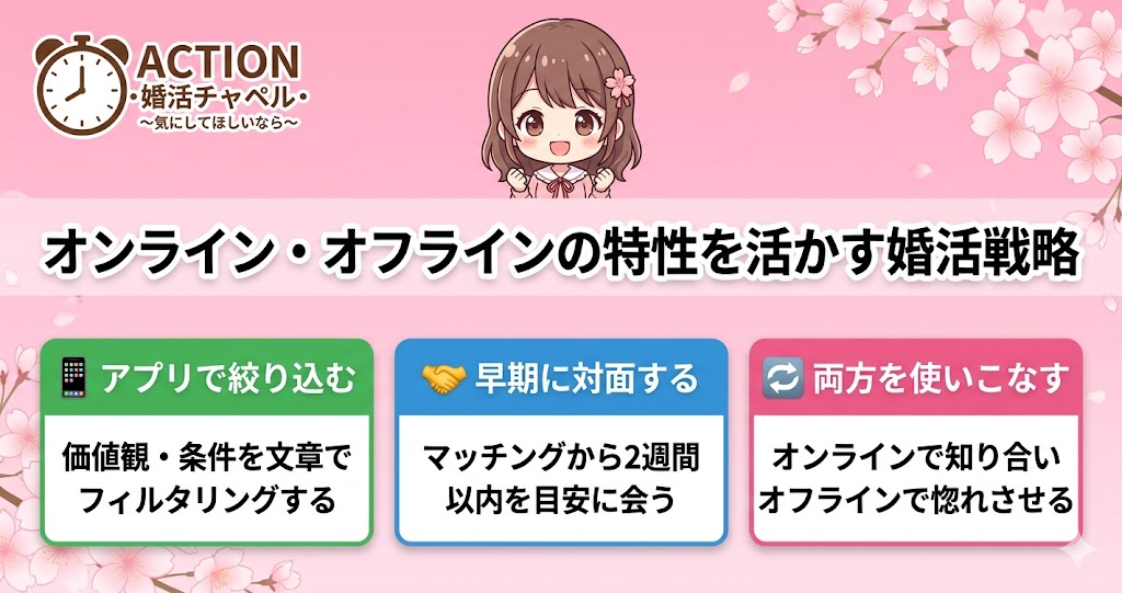 オンラインオフラインの特性を活かす婚活戦略インフォグラフィック