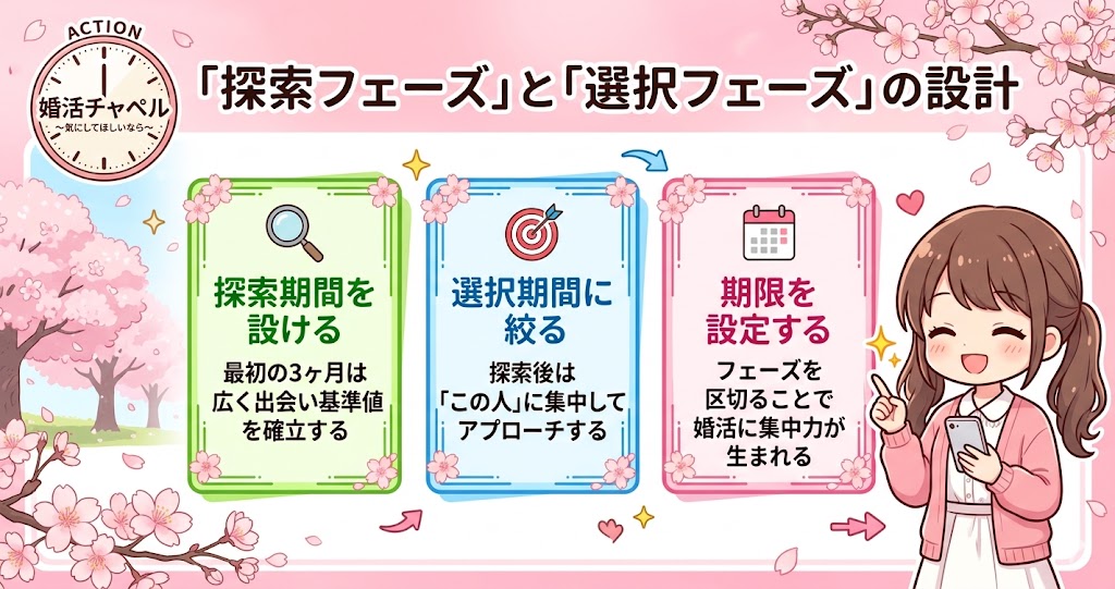 探索フェーズと選択フェーズの設計インフォグラフィック