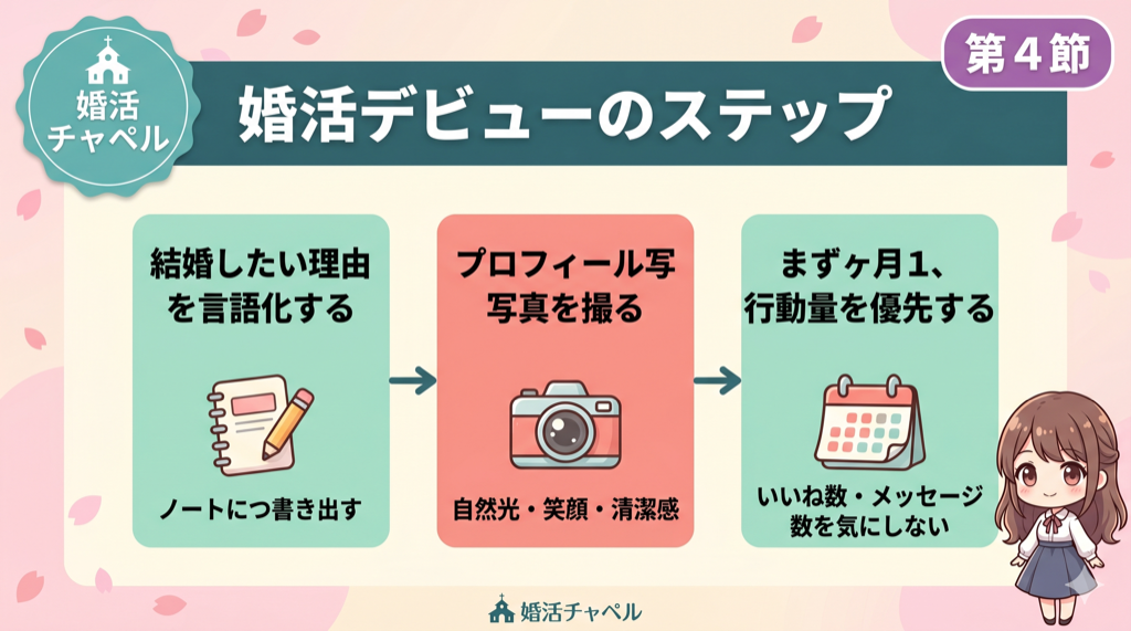 婚活デビューの3ステップ インフォグラフィック