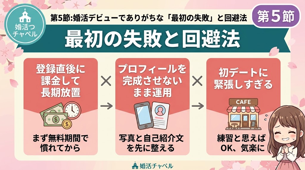 婚活デビューでありがちな最初の失敗と回避法 インフォグラフィック