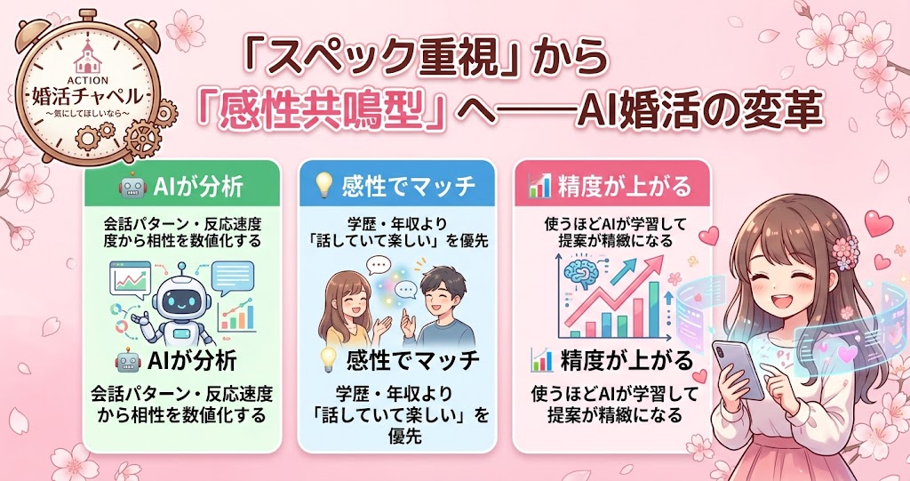AI婚活スペック重視から感性共鳴型へのインフォグラフィック