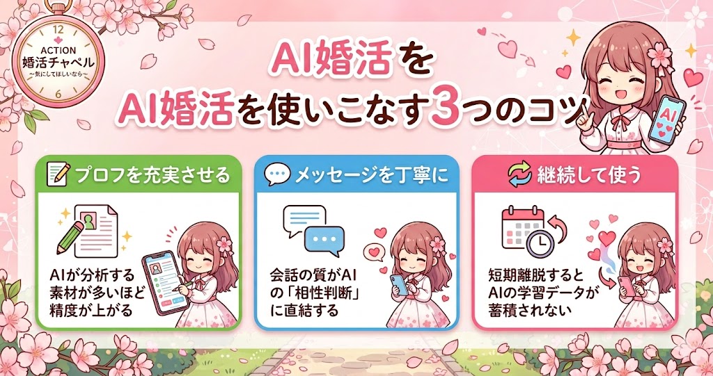 AI婚活を使いこなす3つのコツインフォグラフィック