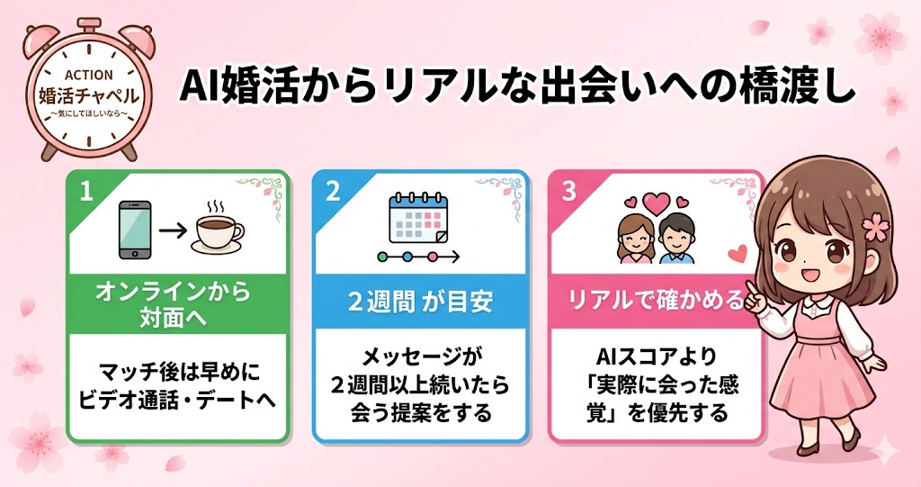 AI婚活からリアルな出会いへの橋渡しインフォグラフィック