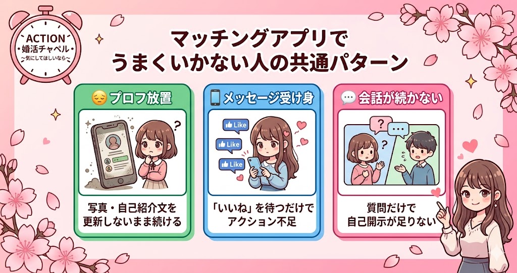 マッチングアプリでうまくいかない人の共通パターンインフォグラフィック