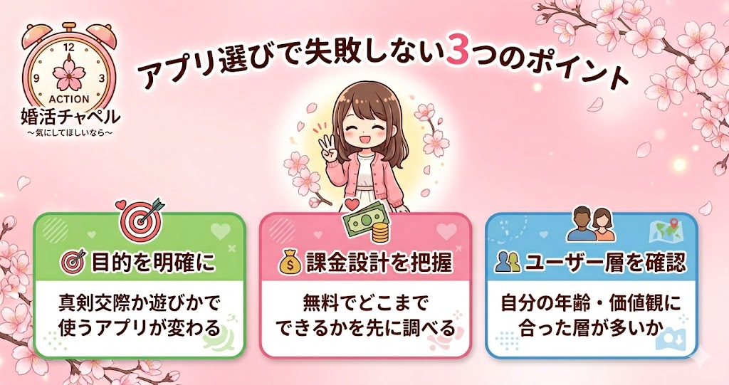 アプリ選びで失敗しない3つのポイントインフォグラフィック