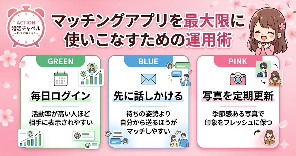マッチングアプリを最大限に使いこなすための運用術インフォグラフィック