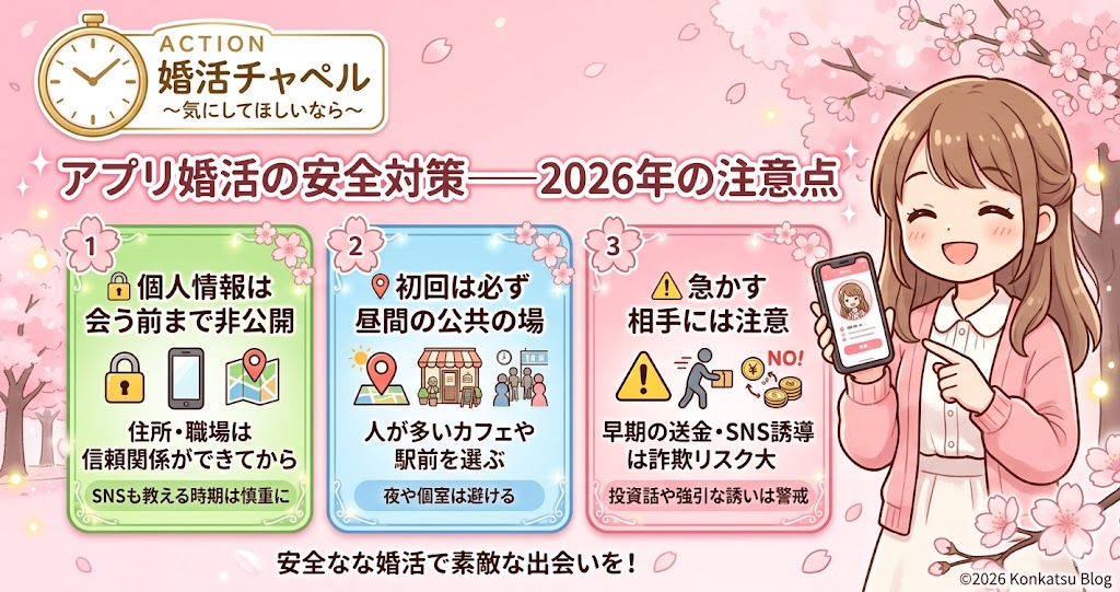アプリ婚活の安全対策2026年の注意点インフォグラフィック