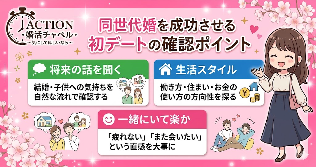 同世代婚を成功させる初デートの確認ポイントインフォグラフィック