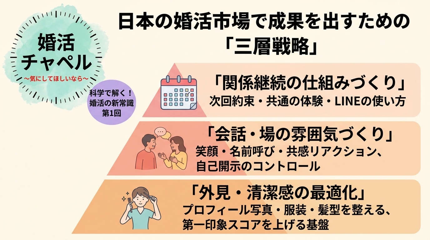 日本の婚活市場で成果を出すための三層戦略 インフォグラフィック