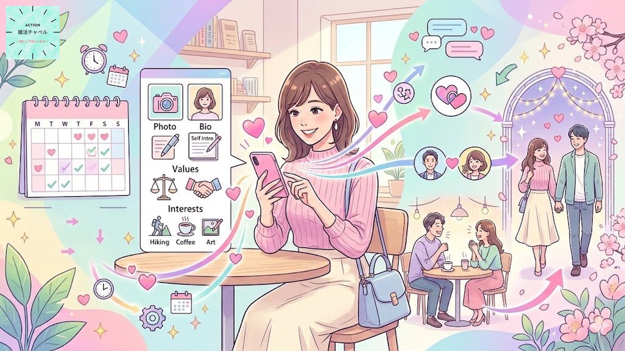 アプリ婚活を成功させる3つの設計を示すインフォグラフィック