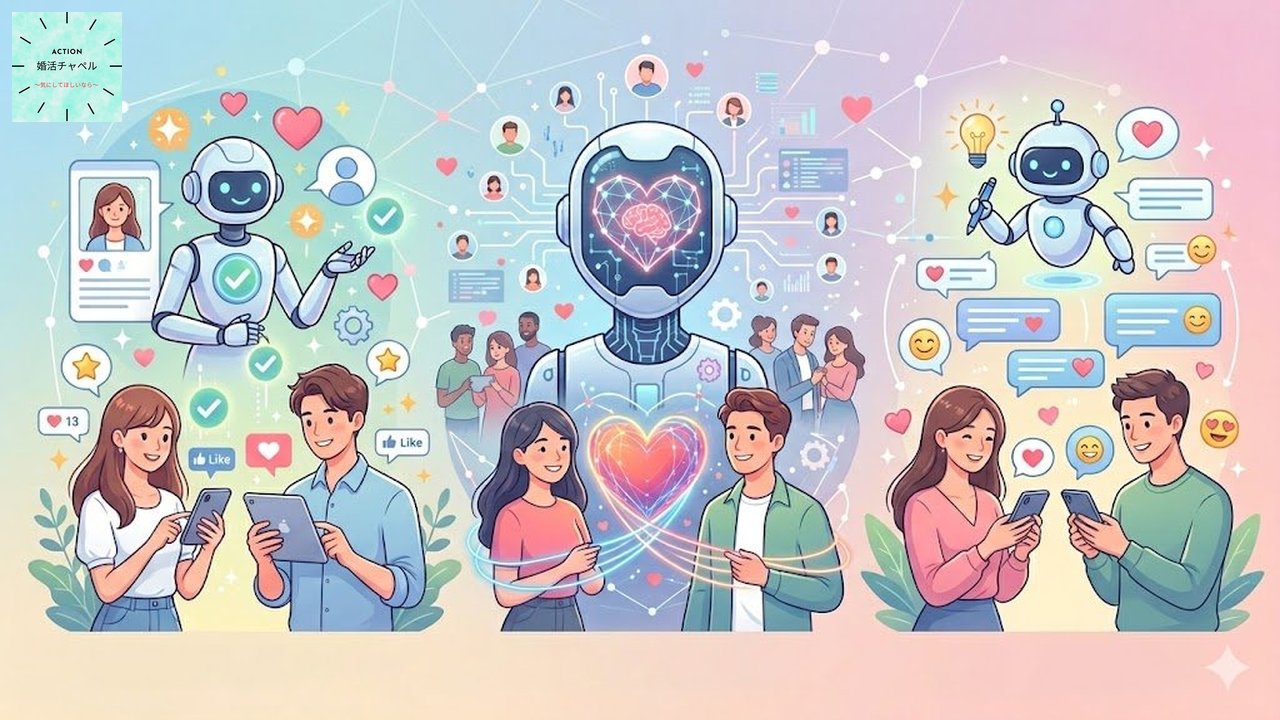 AI婚活ツールの種類と活用範囲を示すインフォグラフィック