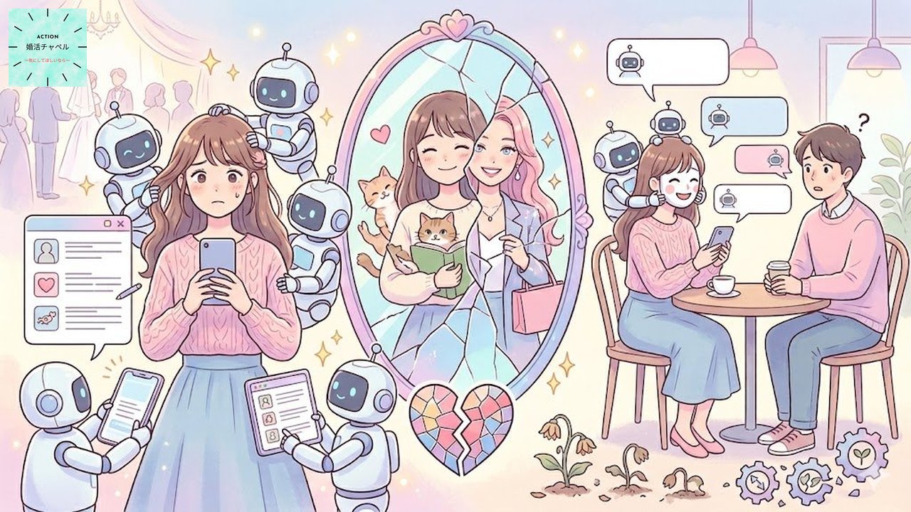 AI任せ婚活の落とし穴を示すインフォグラフィック