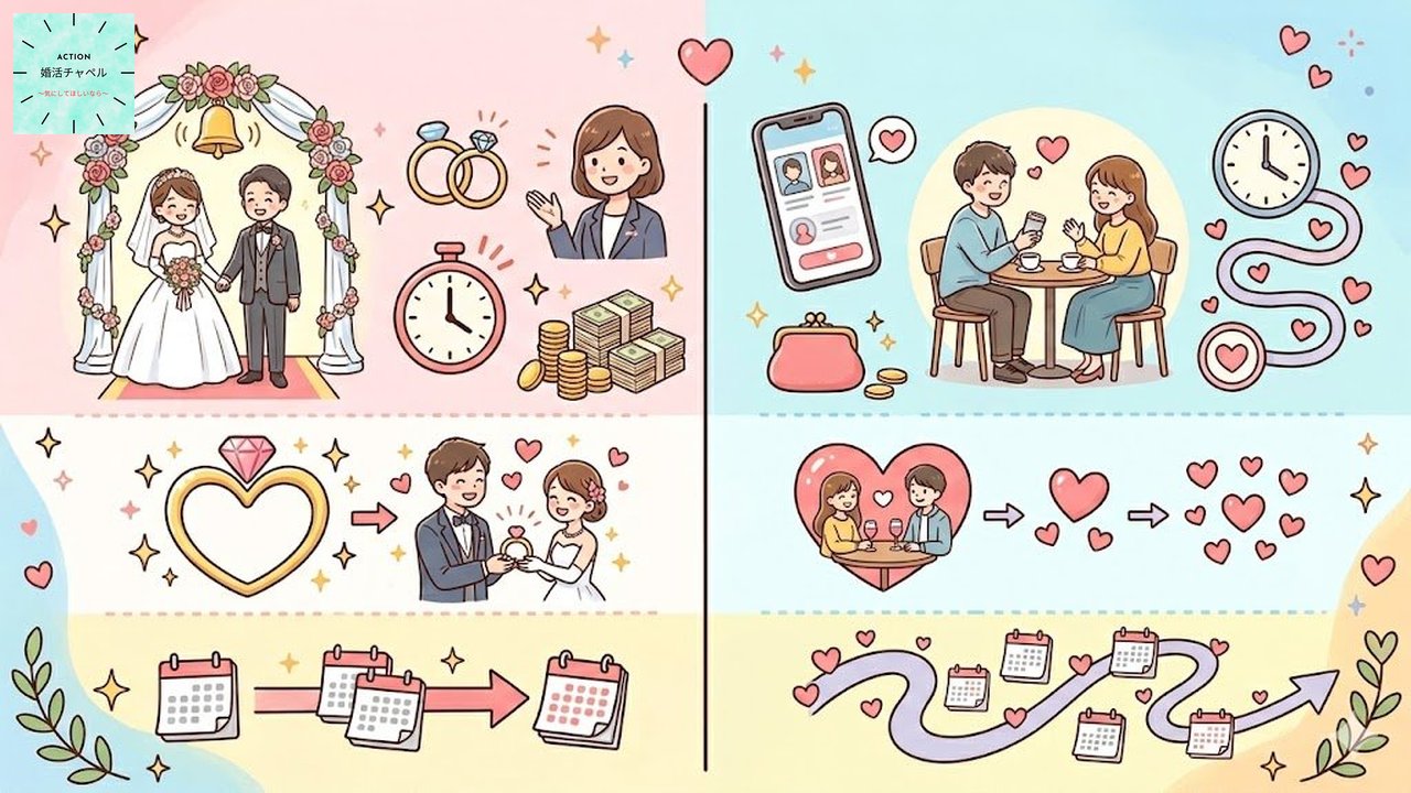 結婚相談所とマッチングアプリの基本的な違いを示すインフォグラフィック