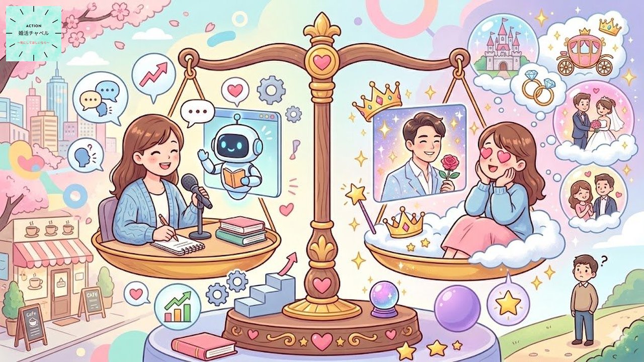 AI仮想パートナーが婚活に与えるプラスとマイナスの影響を示すインフォグラフィック