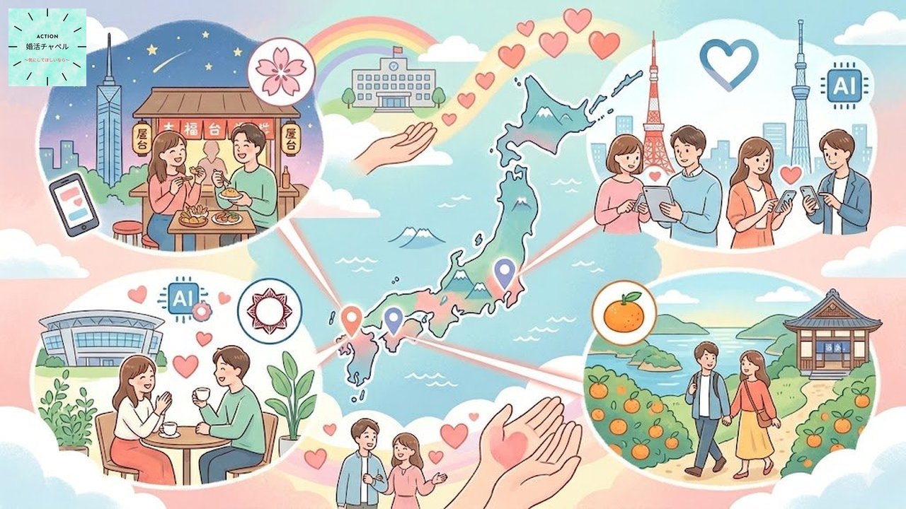 主要自治体AI婚活サービスの一覧と特徴を示すインフォグラフィック
