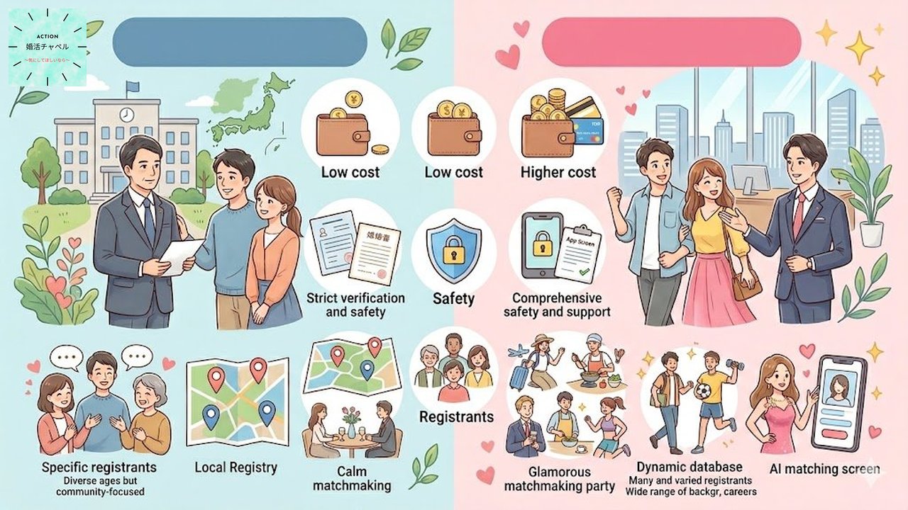 自治体AI婚活と民間サービスの違いを示すインフォグラフィック