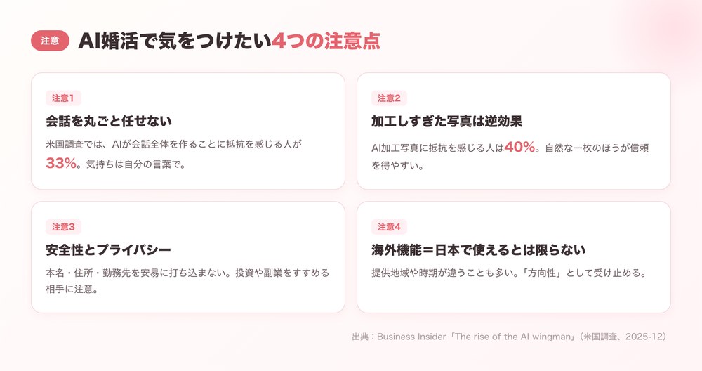 AI婚活で気をつけたい4つの注意点の図
