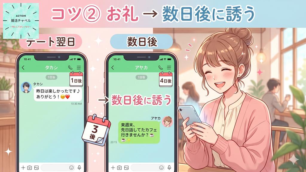 コツ②お礼と誘いは分けて送る:デート翌日にお礼→数日後に誘う