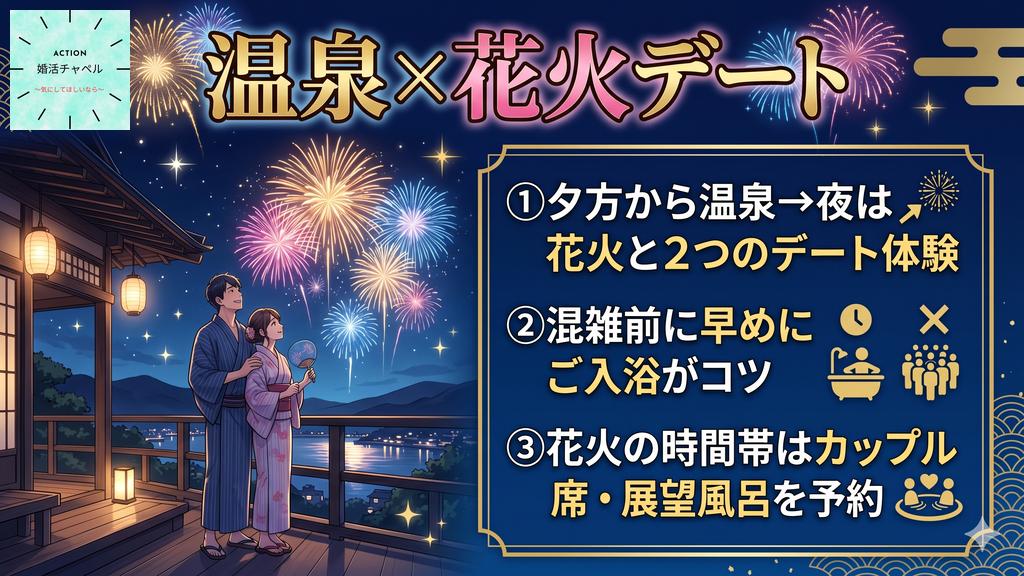 日帰り温泉と花火を楽しむ婚活デートのカップルイラスト