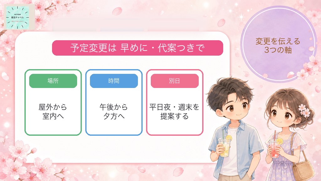 猛暑日の婚活デートで予定を変更するときに、場所・時間・別日の代案を示すポイント