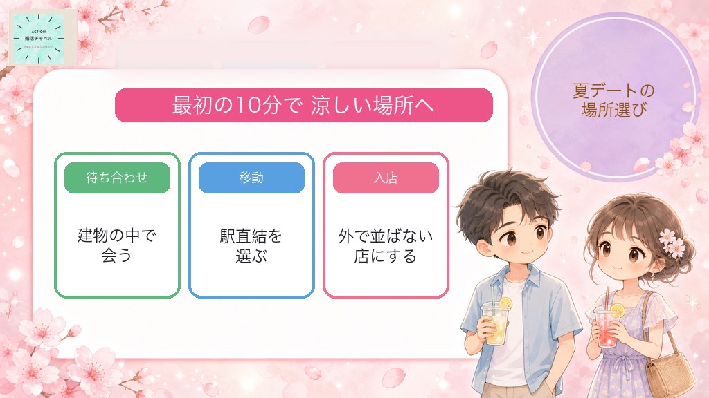 猛暑日の婚活デートで、待ち合わせから最初の10分で涼しい場所へ移動するポイント