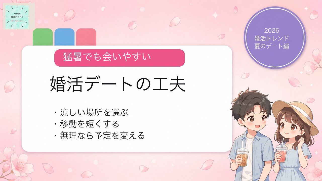 猛暑でも会いやすい婚活デートの工夫を伝える、ACTION 婚活チャネルのロゴ入りアイキャッチ