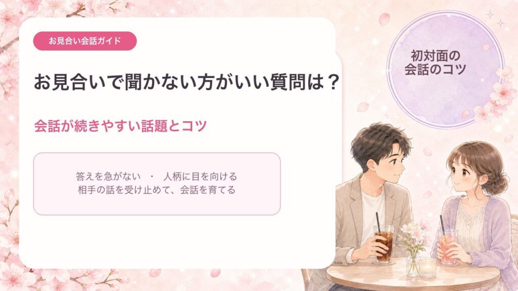 カフェで穏やかに会話する男女と、お見合いで聞かない方がいい質問・会話が続きやすい話題とコツを示すアイキャッチ