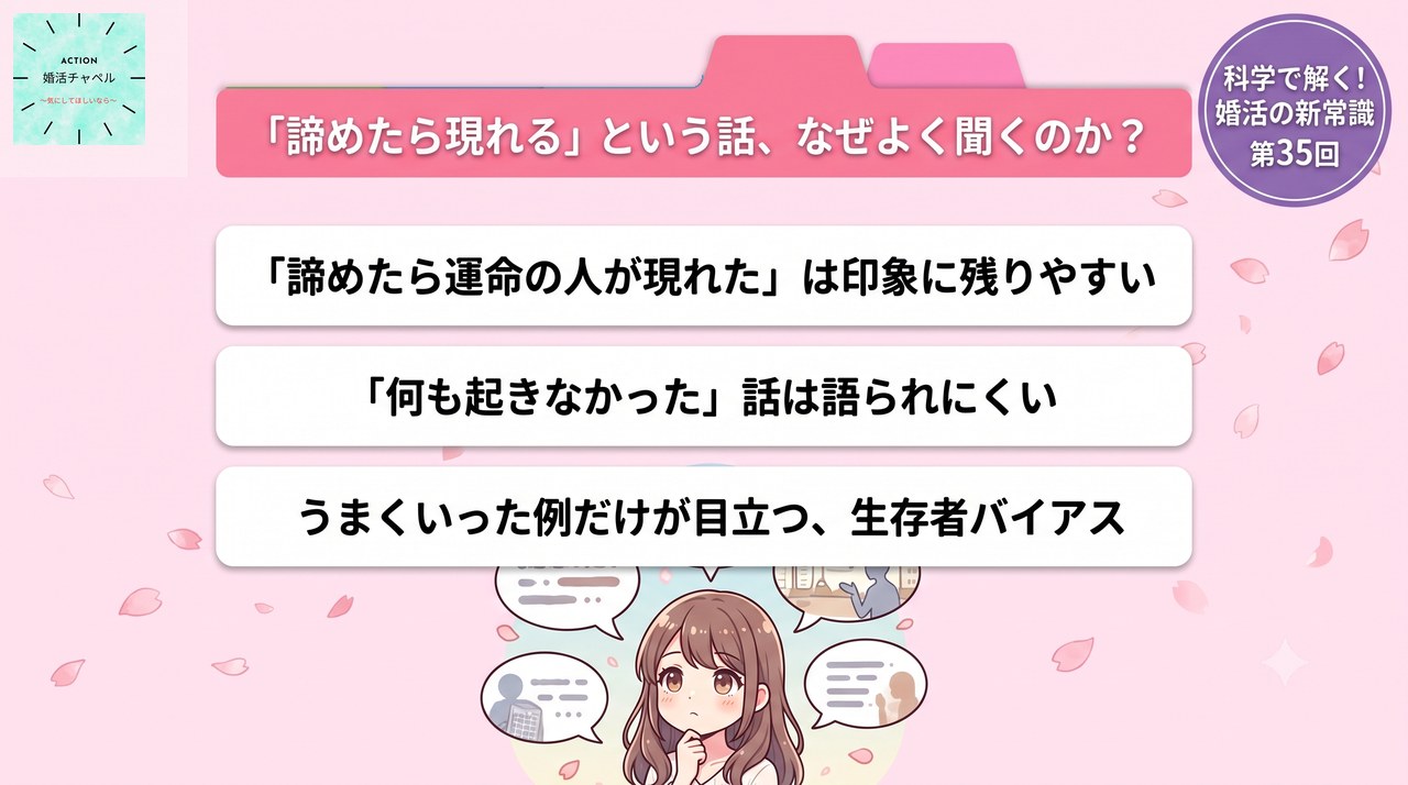 諦めたら現れる話が広まる理由 生存者バイアスの仕組み|婚活ラボ