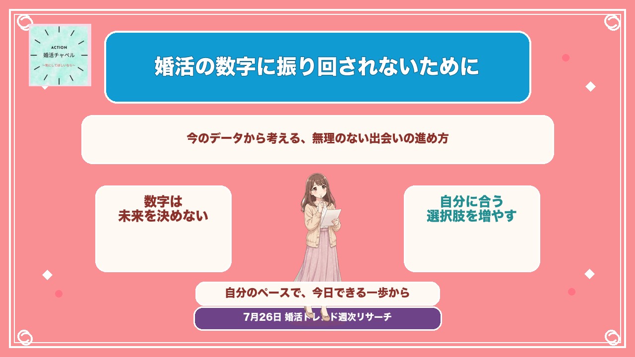 婚活の数字に振り回されないために。考える女性とともに、無理のない出会いの進め方を紹介するアイキャッチ|ACTION 婚活ラボ