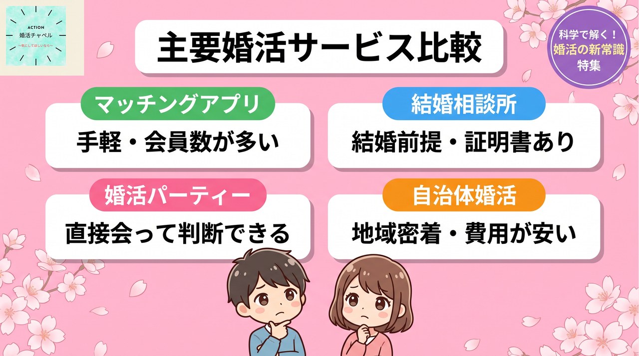 主要婚活サービス比較 マッチングアプリ・結婚相談所・婚活パーティー・自治体婚活|婚活ラボ
