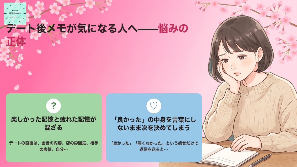 デート後メモが気になる悩み 楽しかった記憶と疲れた記憶が混ざって次の判断がしづらくなる