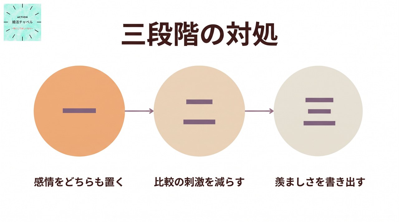 今日からできる三段階の対処 二つの感情をどちらも否定せず置く・比較の刺激を減らす・羨ましさの中身を一つだけ書き出す
