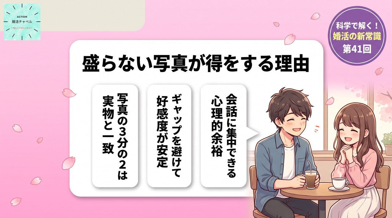 盛らない写真のメリットを示すインフォグラフィック|婚活ラボ