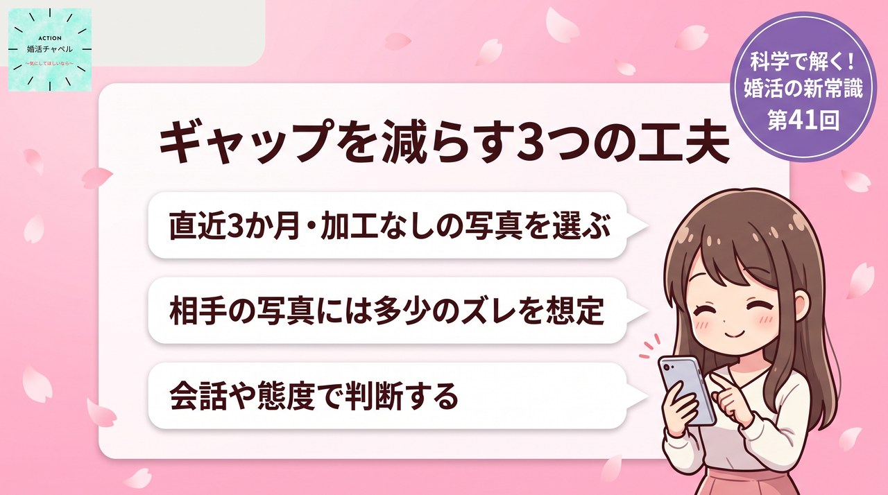 写真のギャップを小さくする3つの工夫を示すインフォグラフィック|婚活ラボ