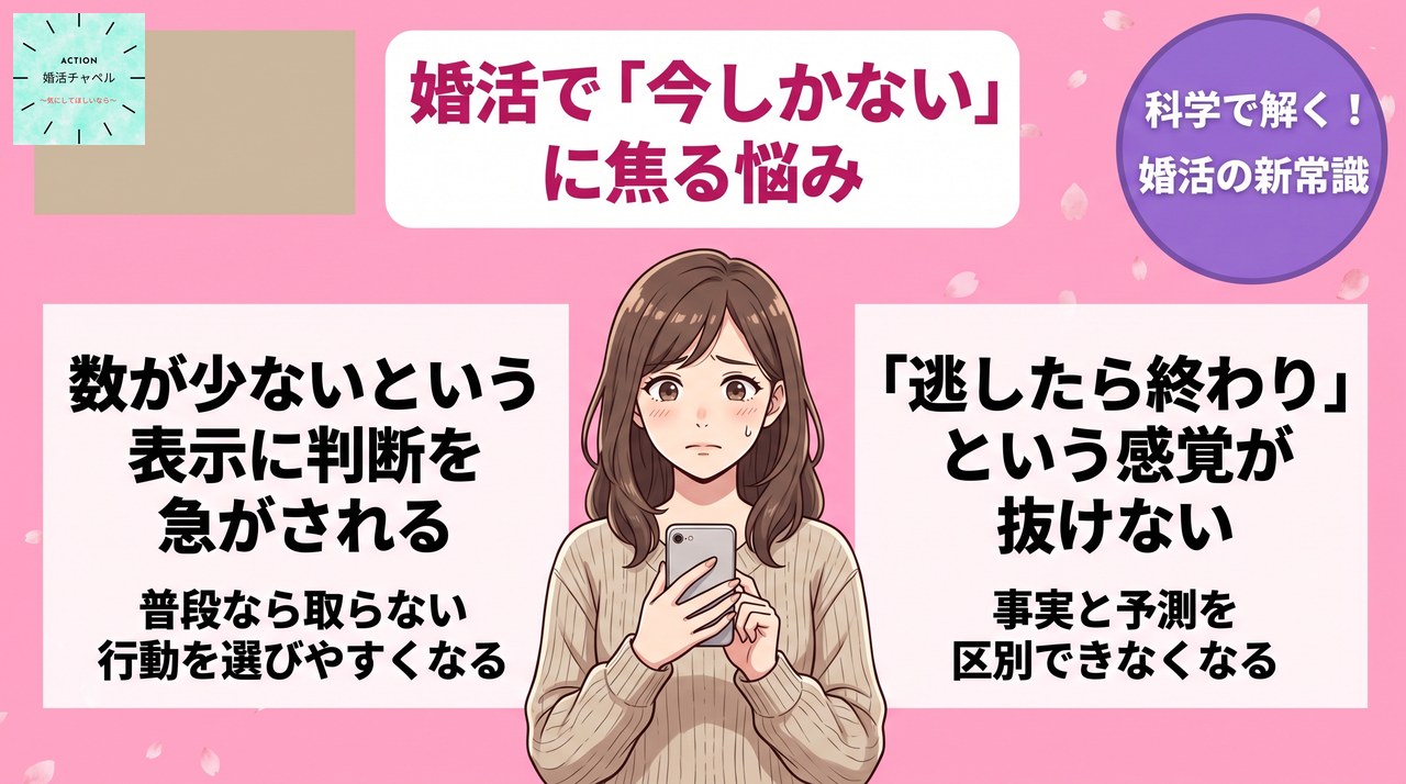 婚活で今しかないに焦る悩み 数が少ないという表示に判断を急がされる