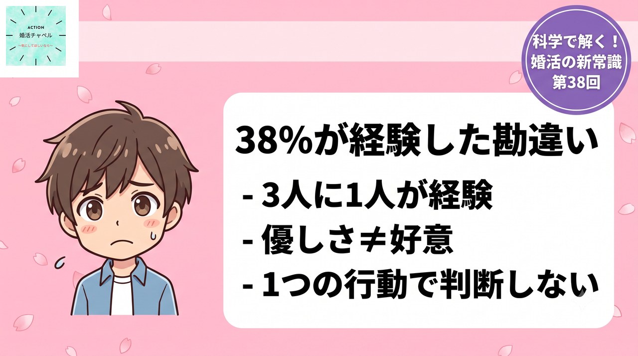 38%が経験した勘違い 優しさと好意の境界線インフォグラフィック|婚活ラボ